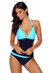 Blue Color Block Push-up Halter One-piece Swimwear
